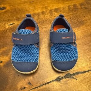 Merrell Toddler Bare Steps Blue Mesh Water Shoes with Orange Accents